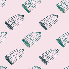 Decorative interior seamless pattern with vintage green bird cage ornament. Light pink background.