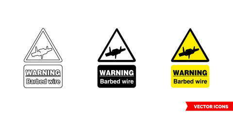 Warning barbed wire hazard sign icon of 3 types color, black and white, outline. Isolated vector sign symbol.