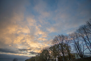 beautiful Werdersee, a river in bremen, in the morning dawn with amazing sky