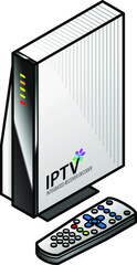 An IP TV set top box or integrated receiver decoder, with a remote control. Vertical stand in white.