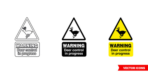 Warning deer control in progress hazard sign icon of 3 types color, black and white, outline. Isolated vector sign symbol.