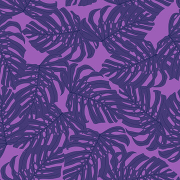 Seamless random pattern with purple monstera foliage tropic ornament. Lilac background.