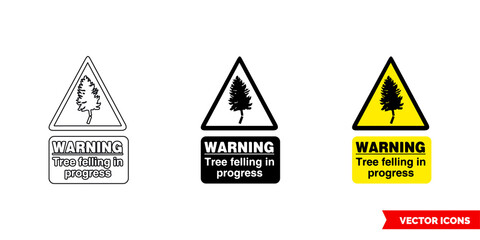 Warning tree felling in progress hazard sign icon of 3 types color, black and white, outline. Isolated vector sign symbol.