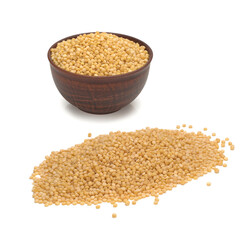 Raw Dry Organic Couscous in a Bowl and on white background, Israeli couscous, ptitim