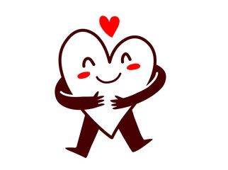 Vector red cute happy heart character with hands hugging self and smile
