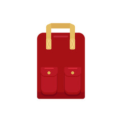 Stylish burgundy backpack with two pockets and yellow straps, isolated on a white background. Burgundy, hipster backpack with two pockets, cartoon style. Flat style. Vector illustration