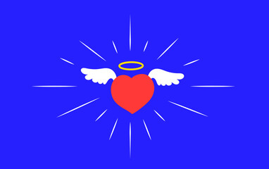 Vector cartoon cute holy red heart with wings and nimbus
