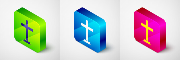 Obraz premium Isometric Christian cross icon isolated on grey background. Church cross. Square button. Vector.