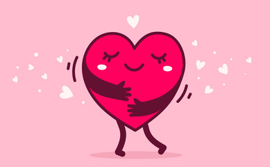 Vector red cute happy heart character with hands hugging self