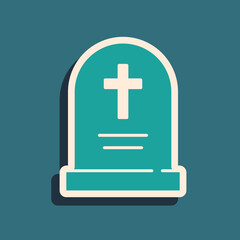 Obraz premium Green Tombstone with cross icon isolated on green background. Grave icon. Happy Halloween party. Long shadow style. Vector.