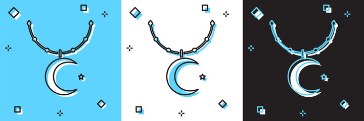 Set Star and crescent on chain - symbol of Islam icon isolated on blue and white, black background. Religion symbol. Vector.