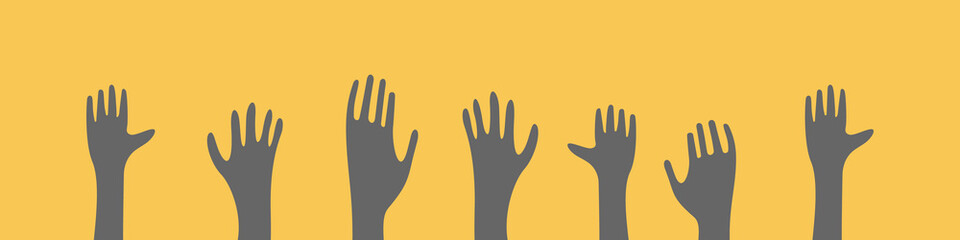 Fototapeta na wymiar Raised hands silhouettes on yellow background. Community concept in trendy colors. Vector illustration.