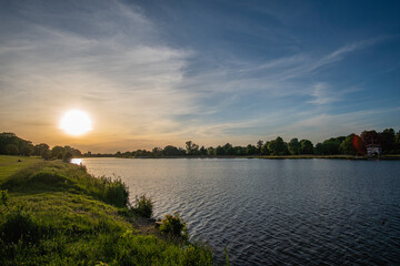 beautiful werdersee, a river in bremen, at sunset