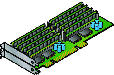 Computer memory (RAM) expansion PCI card with eight DIMMs.