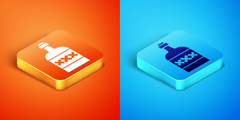 Isometric Tequila bottle icon isolated on orange and blue background. Mexican alcohol drink. Vector.