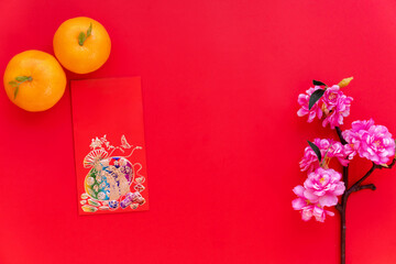 Red envelope put on red background, red envelope is gift, orange and blossom on special days such as chinese new year,