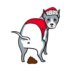 Pooping dog. Dog in a santa hat. Merry christmas and happy new year vector illustration in cartoon style. Sarcasm. Sarcastic vector illustration in cartoon style