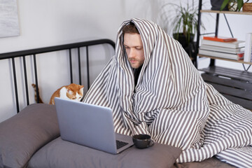 Feeling sick bearded attractive man in bed full covered with blanket using laptop and hot tea near...