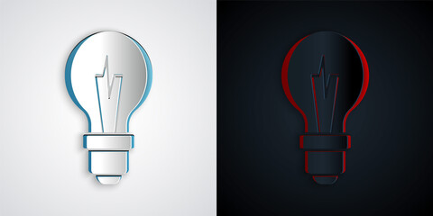 Paper cut Light bulb with concept of idea icon isolated on grey and black background. Energy and idea symbol. Inspiration concept. Paper art style. Vector.