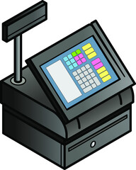 A touchscreen point of sale cash register with built-in card swipe slot cash drawer.