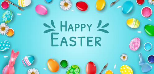 Easter poster template with 3d realistic  Easter eggs.  Template for advertising, poster, flyer, greeting card.  Vector Illustration EPS10