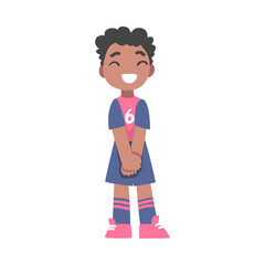Cute Kid Soccer Player Character, Little African American Boy in Sports Uniform Playing Football in School Sports Team Cartoon Style Vector Illustration
