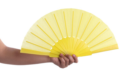 Woman holding yellow hand fan on white background, closeup