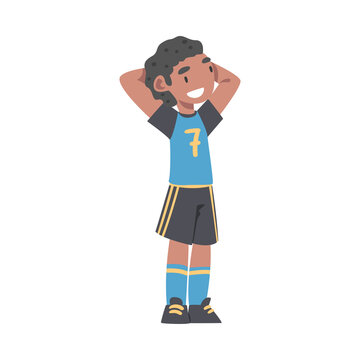 Cute Kid Soccer Player Character, Happy African American Boy in Sports Uniform Playing Football on School Sports Field Cartoon Style Vector Illustration