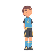 Kid Soccer Player Character, Little Boy in Black and Blue Sports Uniform Playing Football on School Sports Field Cartoon Style Vector Illustration
