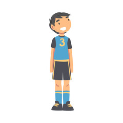 Fototapeta premium Kid Soccer Player Character, Happy Smiling Little Boy in Black and Blue Sports Uniform Playing Soccer in School Sports Team Cartoon Style Vector Illustration