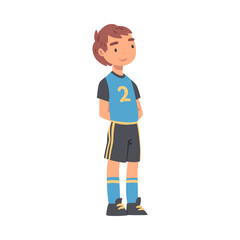 Kid Soccer Player Character, Boy in Black and Blue Sports Uniform Playing Soccer in School Sports Team Cartoon Style Vector Illustration