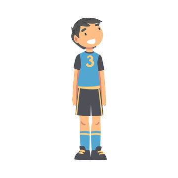 Kid Soccer Player Character, Happy Smiling Little Boy in Black and Blue Sports Uniform Playing Soccer in School Sports Team Cartoon Style Vector Illustration