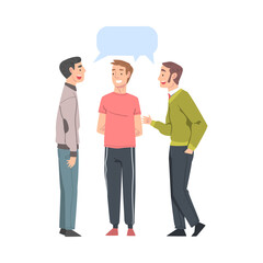 Group of Men Talking to Each Other with Speech Bubbles, Friends or Colleagues Talking, Gossiping, Sharing Impressions Cartoon Style Vector Illustration
