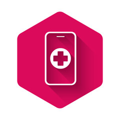 White Phone repair service icon isolated with long shadow background. Adjusting, service, setting, maintenance, repair, fixing. Pink hexagon button. Vector.