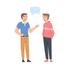 Fototapeta premium Two Young Men Talking with Speech Bubbles, Friends or Colleagues Gossiping, Sharing Impressions Cartoon Style Vector Illustration