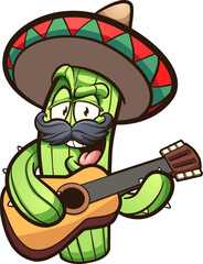 Mexican cactus playing guitar cartoon. Vector clip art illustration with simple gradients. Some elements on separate layers.  © Memoangeles