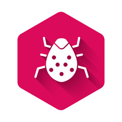 White System bug concept icon isolated with long shadow background. Code bug concept. Bug in the system. Bug searching. Pink hexagon button. Vector.