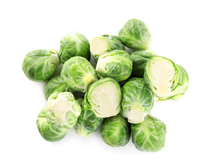 Pile of fresh Brussels sprouts isolated on white, top view