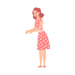 Girl in Polka Dot Dress Talking to Someone and Gesturing, Woman Communicating or Sharing Impressions Cartoon Style Vector Illustration