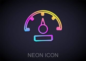 Glowing neon line Speedometer icon isolated on black background. Vector.