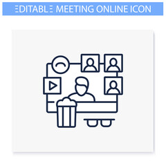 Virtual movie watching line icon. Meeting together concept. Internet streaming website. Live stream. Social distanced film party. Remote public event. Isolated vector illustration. Editable stroke