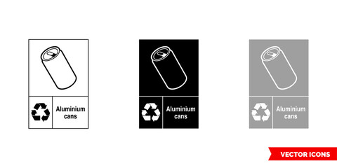 Aluminium cans metal recycling sign icon of 3 types color, black and white, outline. Isolated vector sign symbol.