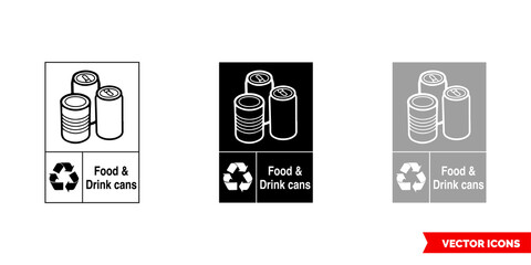 Food and drink cans metal recycling sign icon of 3 types color, black and white, outline. Isolated vector sign symbol.