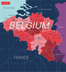 Belgium country detailed editable map with regions cities and towns, roads and railways, geographic sites. Vector EPS-10 file