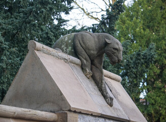 Animal sculpture on the Bute Park wall, Cardiff, Wales, December 2018, jaguar