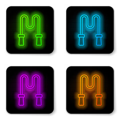 Glowing neon line Jump rope icon isolated on white background. Skipping rope. Sport equipment. Black square button. Vector.