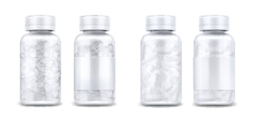 Medicine bottles with pills and clear capsules isolated on white background. Vector realistic mockup of glass or plastic transparent container with blank label and lid. 3d jars with medical drugs