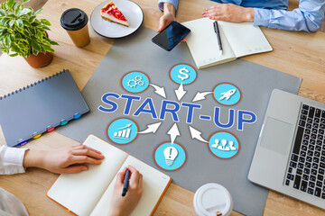 Business start-up new product startup lunch. Business finance concept on working place flat lay.