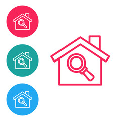Red line Search house icon isolated on white background. Real estate symbol of a house under magnifying glass. Set icons in circle buttons. Vector.