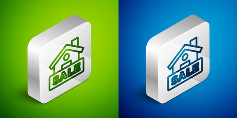 Isometric line Hanging sign with text Sale icon isolated on green and blue background. Signboard with text Sale. Silver square button. Vector.
